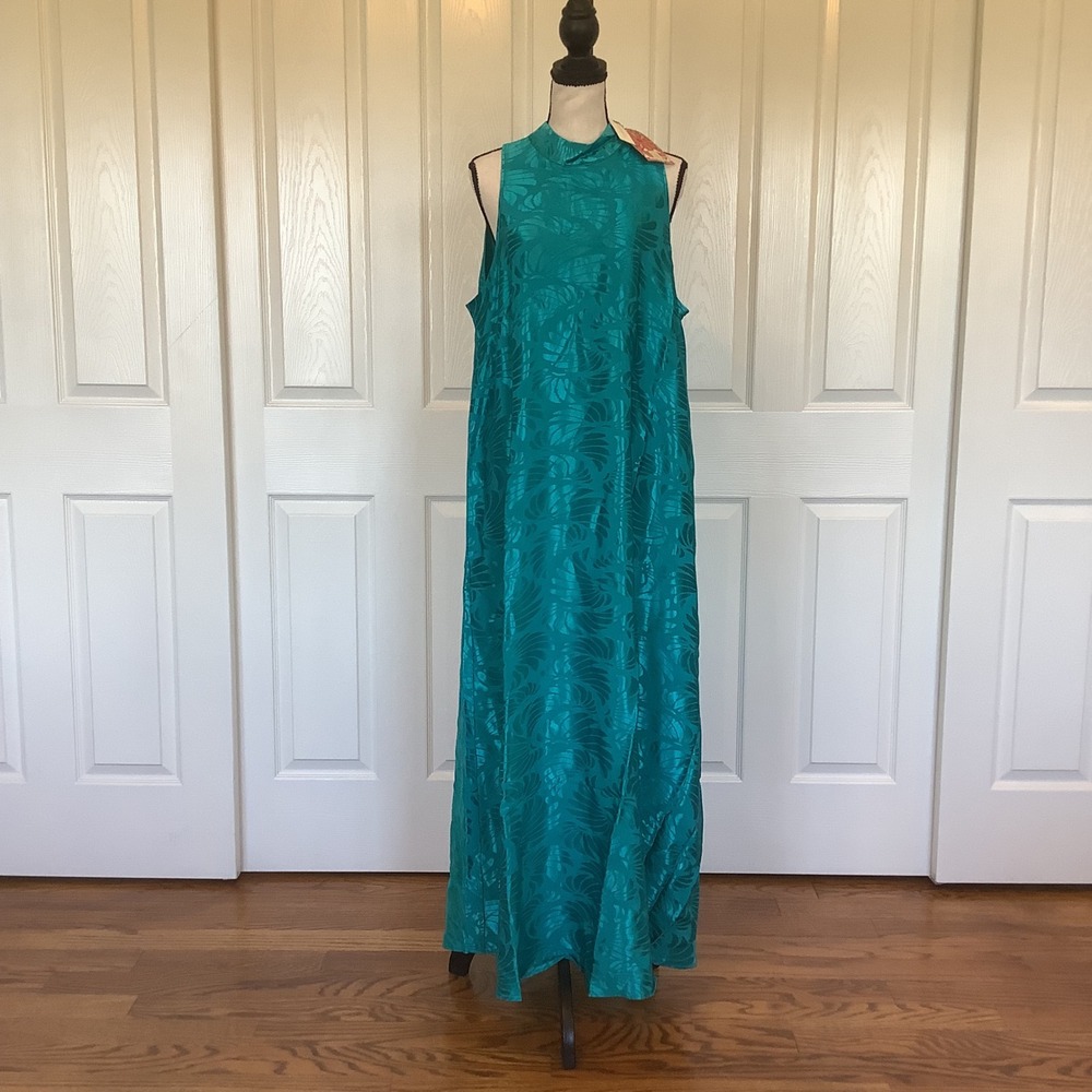 Farm Rio for Anthropologie Pool Blue Tropical Leaf Jacquard Maxi Dress XL NWT